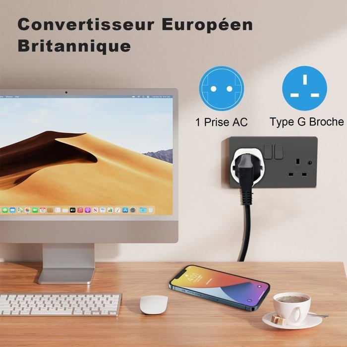 UK Plug Adapter, Travel Adapter France to UK, Ireland, Scotland, Dubai, Malta, Type G Adapter, 2-Pack