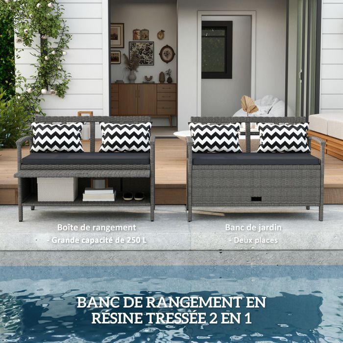 Banco de jardín con almacenamiento - Outsunny - 2 plazas - 160 L - con cojín y 2 almohadas - estructura de acero - ratán sintético - gris