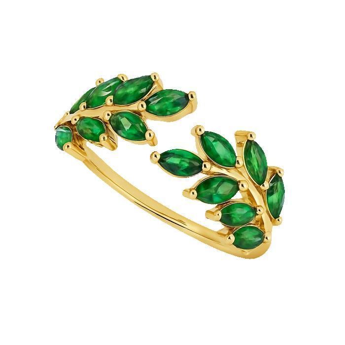 Bague femme plaqué or 18 carats – Design feuillage élégant – Zirconium verts taille marquise – Bijou raffiné tendance – cadeau Noël