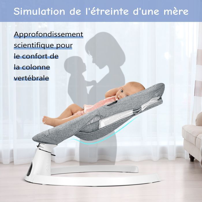 Babygynge, elektrisk hoppestol med fjernbetjening, 5 gyngehastigheder og Bluetooth-musik, Grå