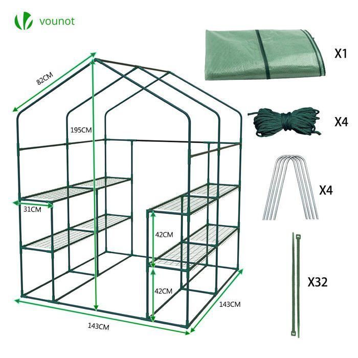 VOUNOT® Trädgårdsväxthus med hyllor 143x143x195cm grönt - förstärkt 135g/m² lock - myggnätsfönster - rulldörr med dragkedja