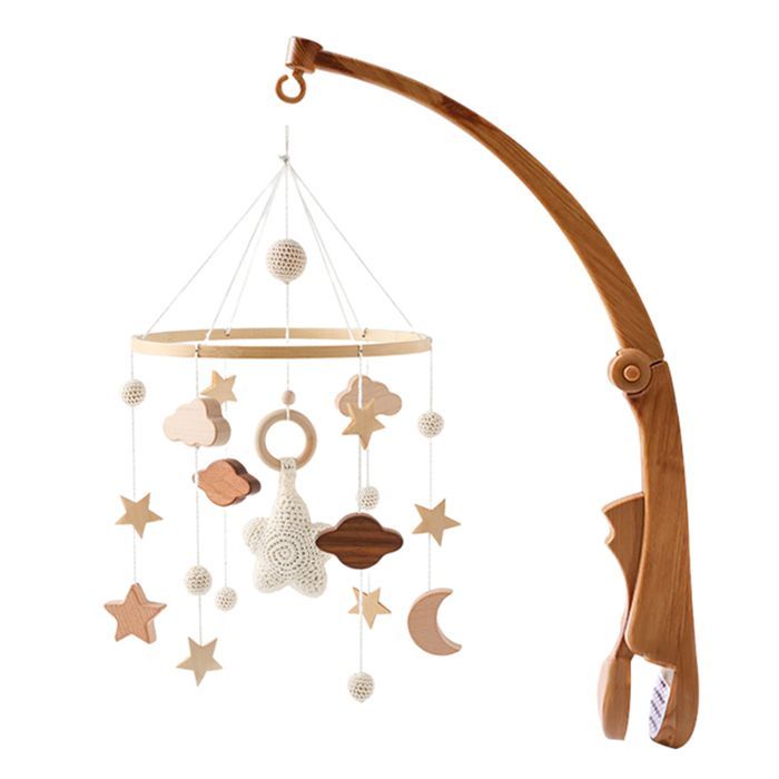 Móvil para cuna - BRAKORERS - con estrellas, lunas y nubes de ganchillo, adornos colgantes, juguete de madera para cuna, color beige.