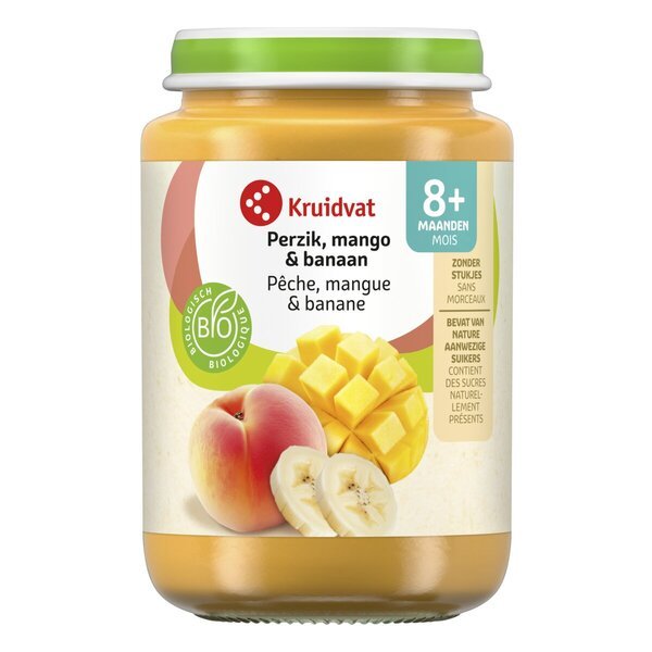 Kruidvat 8+M Organski voćni međuobrok od breskve, manga i banane<br>190g