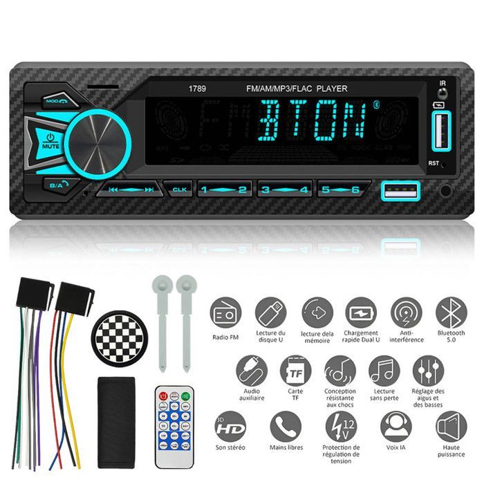 Autoradio Bluetooth, 7 Couleurs Stereo Poste Radio Assistant vocal+APP, Poste Radio Voiture Bluetooth /MP3/WMA/WAV/FLAC/APE