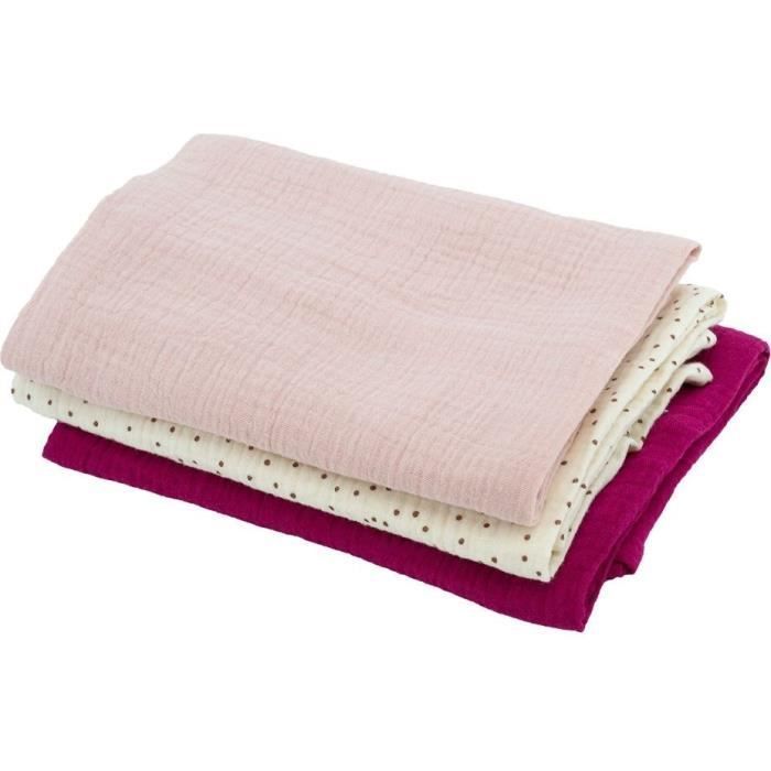 Conjunto de 3 quadrados de musselina de bambu - DOMIVA - 1 estampado + 2 lisos - Rosa Grenadine - 60x60 cm