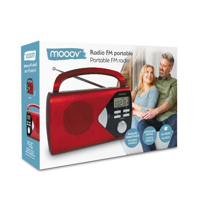 METRONIC 477201 Draagbare FM/AM-radio met wekker en tijdweergave - Werkt op netstroom of batterijen - Rood