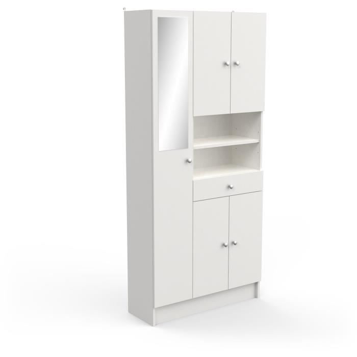 Mobiletto da bagno - 5 ante - 1 cassetto - 2 ripiani - specchio - Bianco opaco - L82 x P32 x H180 cm - Prodotto in Francia