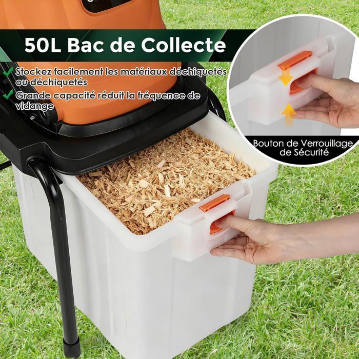 Broyeur de Jardin Électrique 2800W COSTWAY, Bac de Collecte de 50L, Diamètre de Coupe 45 mm, Roues, Mulcheur Filaire à Bois, Orange