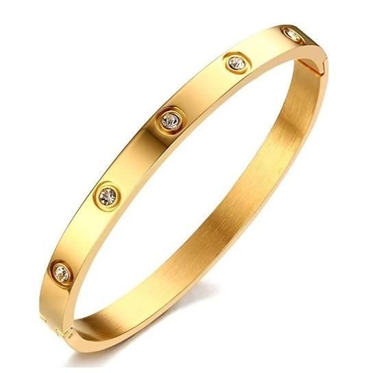 Bracelet jonc fermé femme en acier inoxydable doré avec strass 64mm - Marque - Modèle - Acier - Doré - Femme