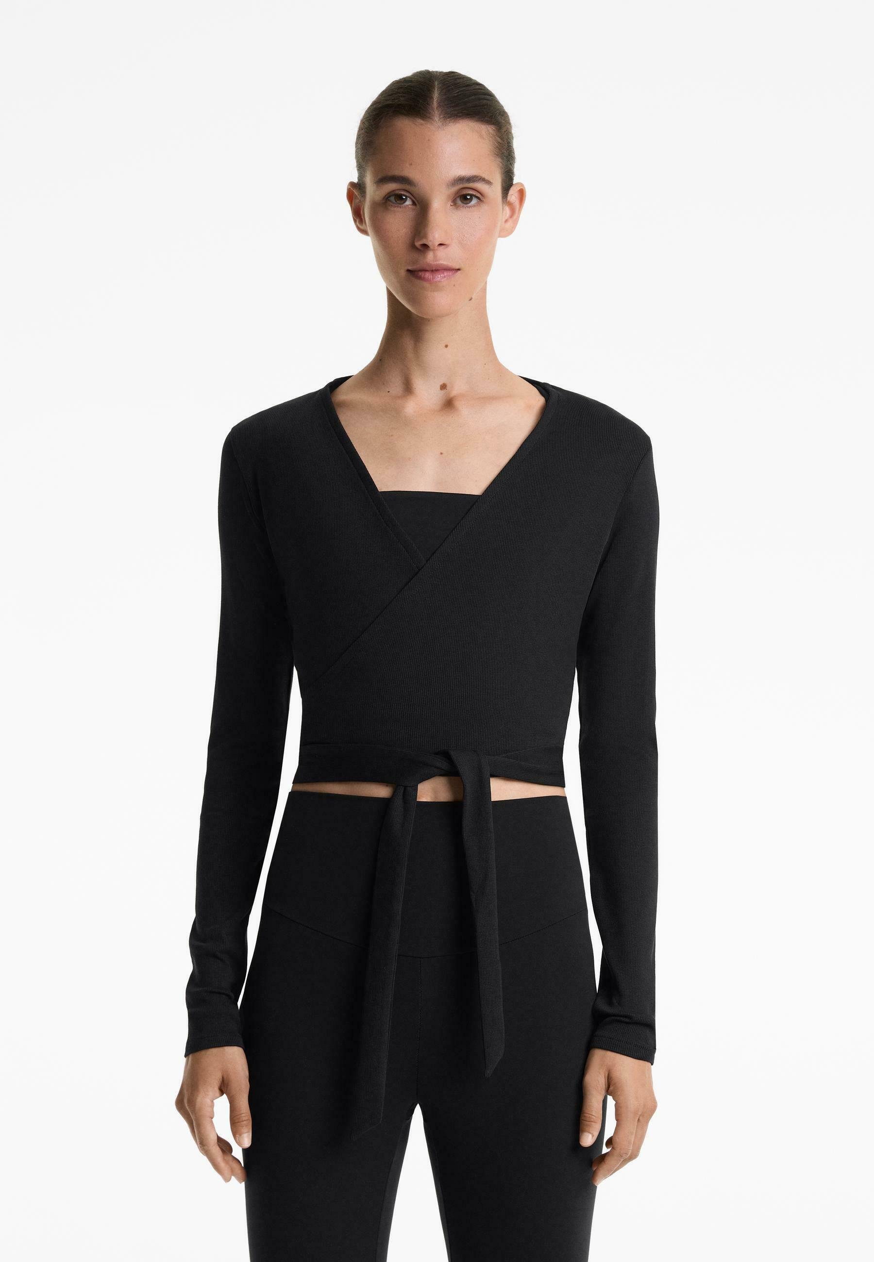 OYSHO RIB KATOENEN WRAP - Top met lange mouwen - zwart