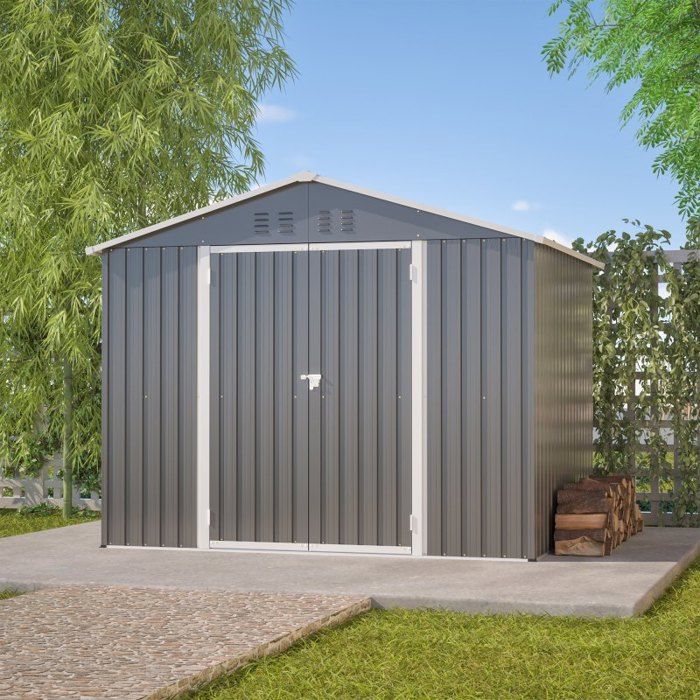 Caseta de jardín metálica - LANGTU - 229 x 180 cm - Antracita - Puerta doble de 106 cm - Acero galvanizado resistente a la corrosión