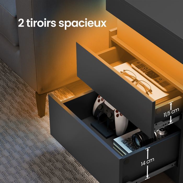 Comodino moderno con illuminazione a LED, set da 2, con 2 cassetti e multipresa integrata, dimensioni 35 x 40 x 55 cm, colore nero.