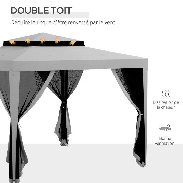 Tonnelle barnum de jardin 3L x 3l m avec 4 moustiquaires amovibles - double toit - métal polyester gris 297x297x268cm Gris