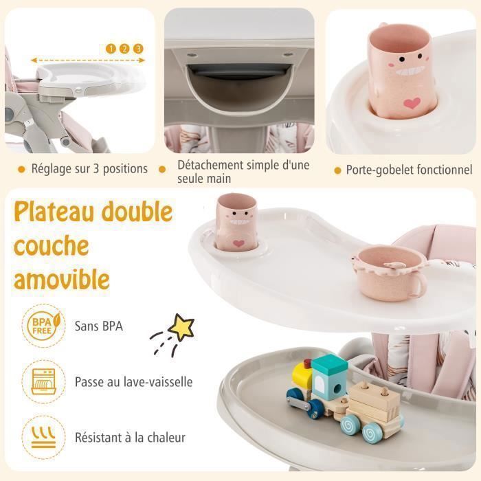 Chaise Haute Bébé Pliante COSTWAY Dossier Incliné-Hauteur Réglable-Plateau Repas Amovible sans BPA-6 Mois-4 Roues Pivotantes-Rose