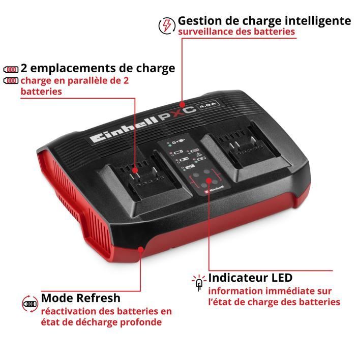 Einhell Chargeur Double Power X-Twincharger 4A PXC (18V, Charge simultanée de 2 Batteries 18 V)