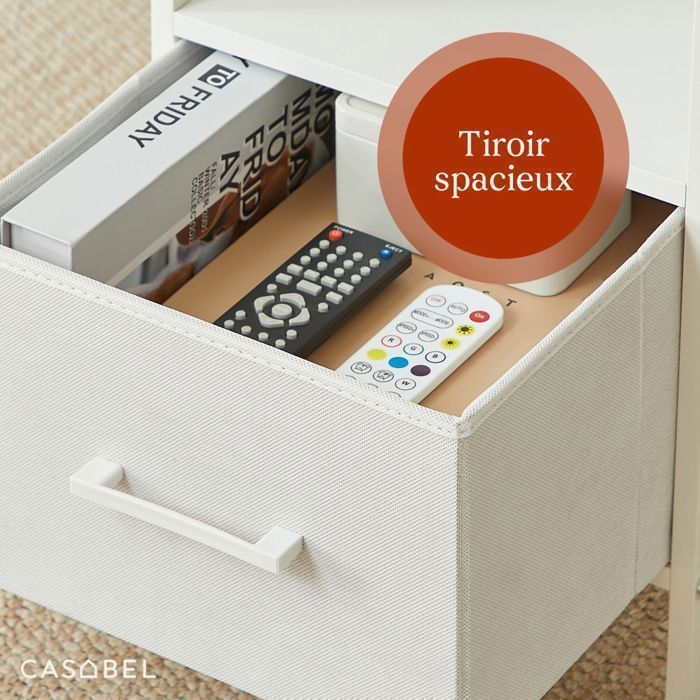 CASABEL Lot de 2 tables de chevet blanches avec tiroir en tissu renforcé, métal et bois, 30×30×50cm, table d’appoint