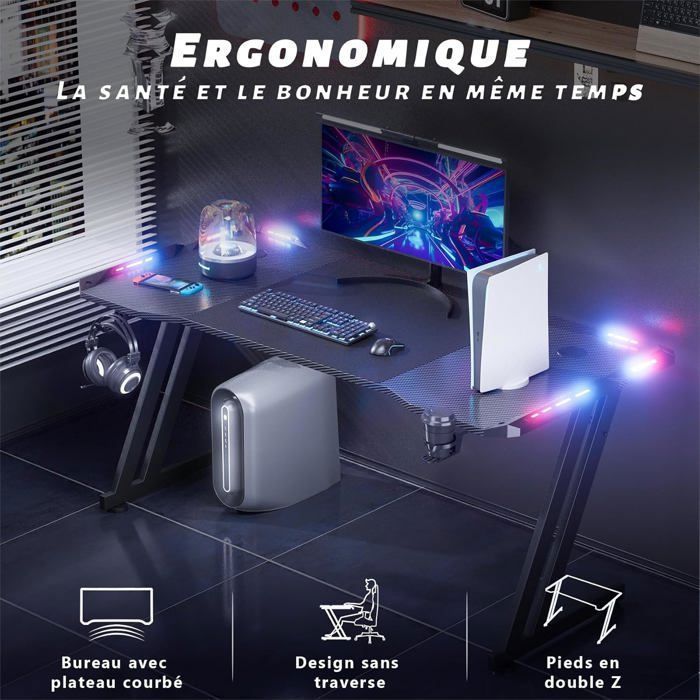 HLONONE 120 x 60 cm LED gamingbureau, groot gamingbureau, met muismat, bekerhouder en hoofdtelefoonhaak, koolstofvezel, zwart