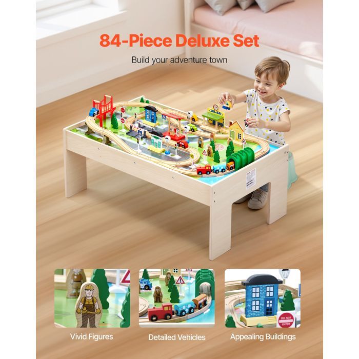 Mesa de juego de trenes de madera VEVOR - 84 piezas - Caja de almacenamiento plegable - Mesa de actividades 3 en 1 de doble cara - Para niños de 3 años en adelante