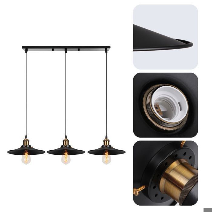 UNI LUSTRE - SUSPENSION 3 Lumières Rétro Lampe Suspendue Industrielle E27 22cm Noir