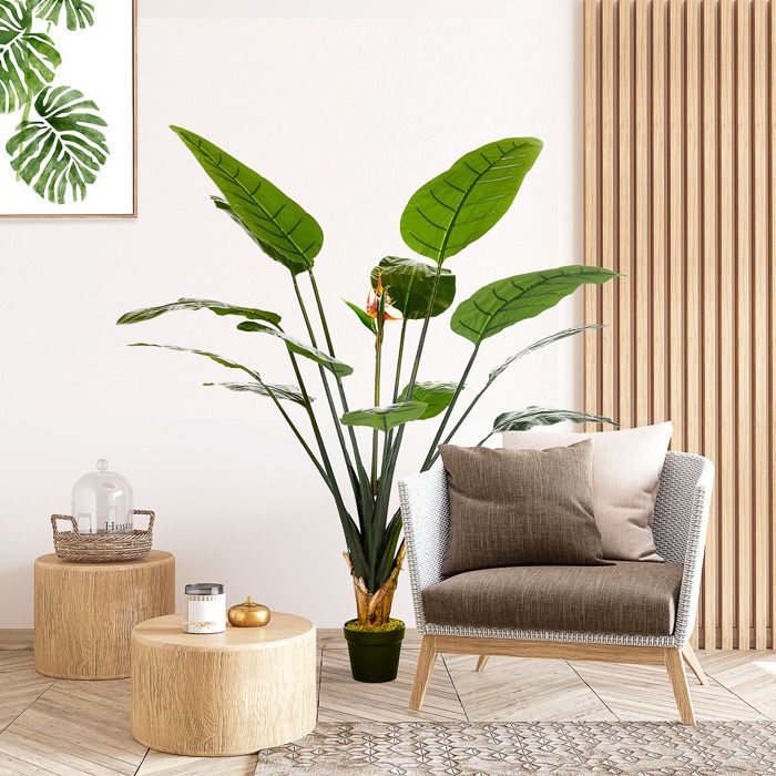 Künstliche Pflanze – HOMCOM – Strelitzie (Paradiesvogelblume), 13 Blätter, 2 Blüten, realistisches Design, inklusive Topf – Kunststoff – 1,80 m