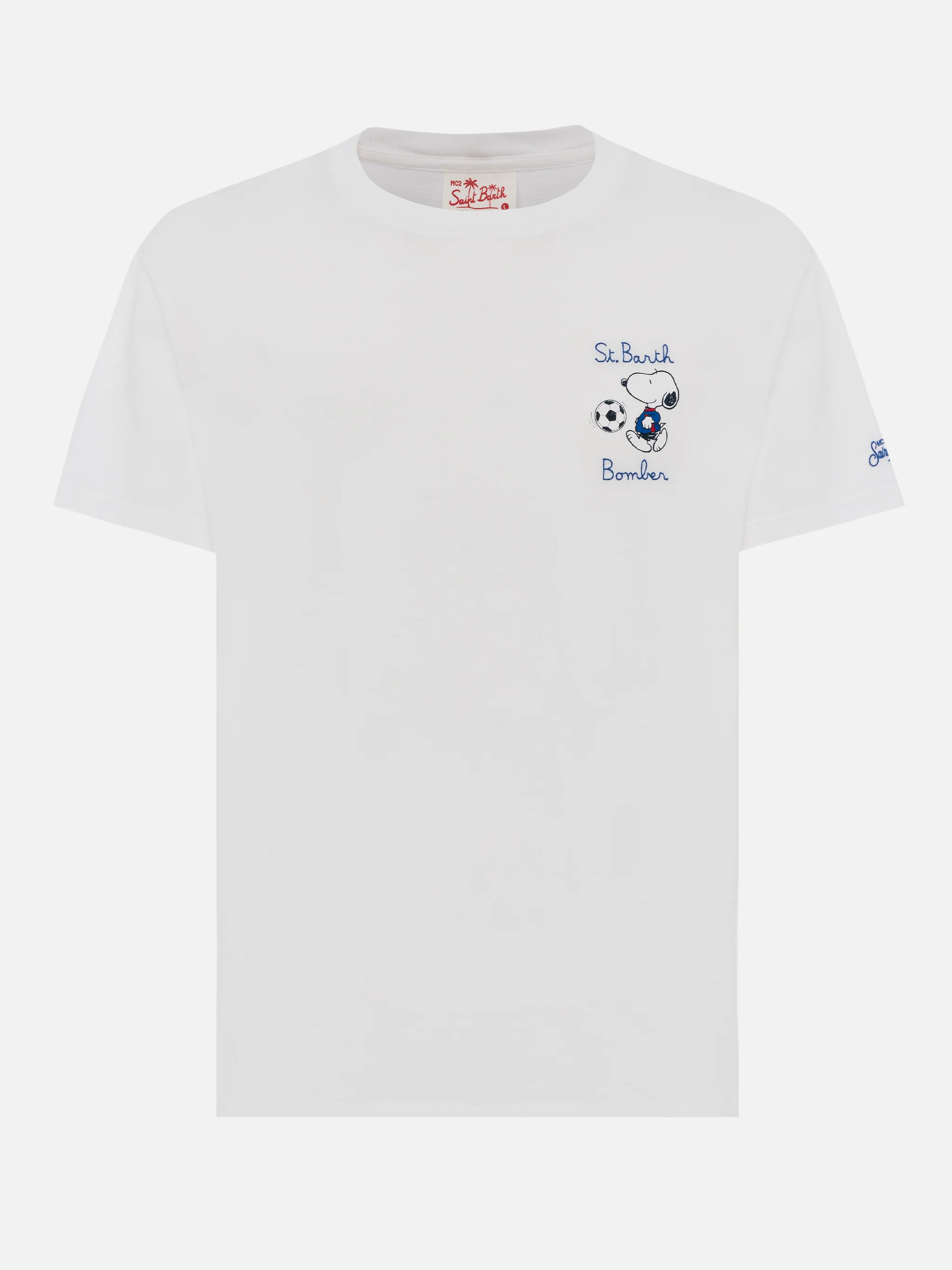 T-shirt voor heren van biologisch katoen met St. Barth Snoopy Bomber-borduurwerk | SN