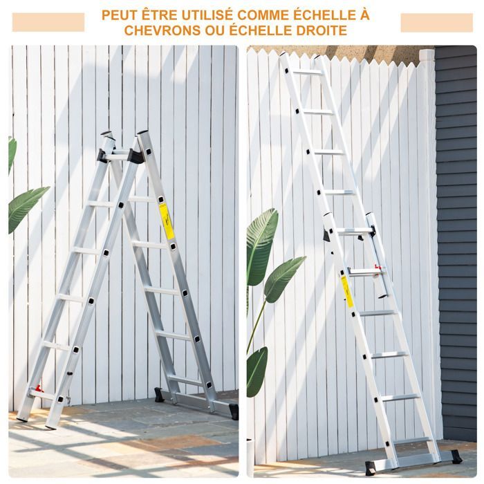 Escalera - HOMCOM - multifuncional de aluminio de 2,5 m - plegable y portátil - patas antideslizantes - carga máxima 150 kg - plateada