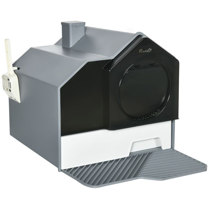 Maison de toilette pour chat - PawHut - bac à litière design maisonnette porte battante pelle tapis - plastique - 47x45x42cm - gris