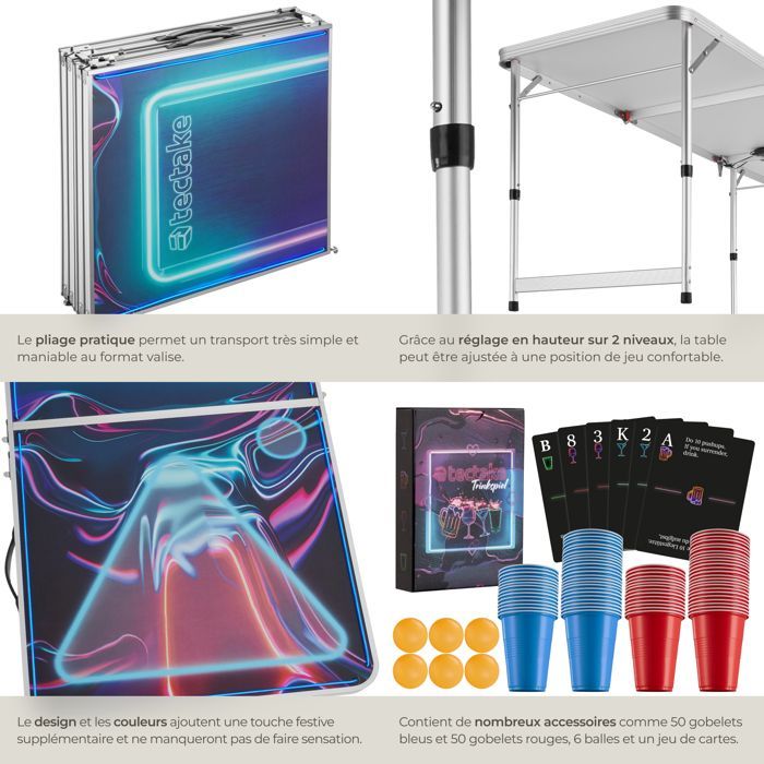 Mesa de beer pong - TECTAKE - BEER WARS I Mesa con iluminación LED, fabricada en aluminio, con 100 vasos, 6 pelotas y una baraja de cartas.
