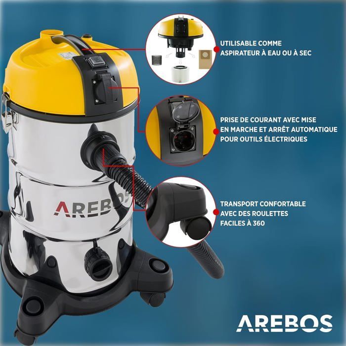 AREBOS Industriesauger | Nass- und Trockensauger | 5-in-1 | 1300 W | 30 l | Edelstahl