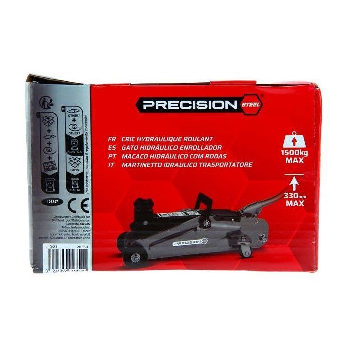Gato hidráulico rodante de 1,5 T - ACERO DE PRECISIÓN - Rango de elevación de 135 mm a 330 mm