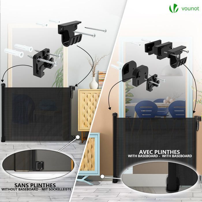 VOUNOT® Barrière de sécurité rétractable à 180cm noir - Double verrouillage à une main - Pour bébé enfant et chien