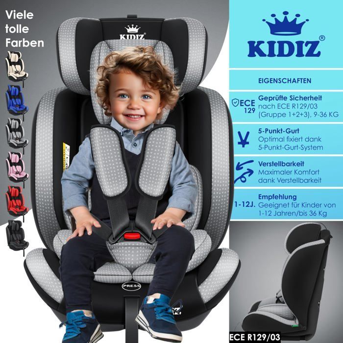 Seggiolino auto per bambini e neonati KIDIZ® 9-36 kg Gruppo 1+2+3 Cintura di sicurezza a 5 punti Poggiatesta regolabile ECE R129/03 Grigio