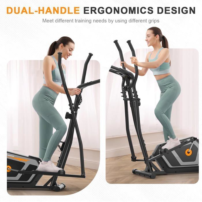 Elíptico 3 em 1, silencioso, 16 níveis de resistência, capacidade máxima de 130 kg, visor LCD, aplicativo, ideal para exercícios cardiovasculares em casa, preto/laranja