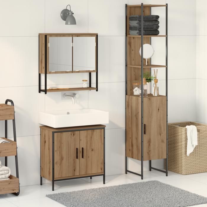 Conjunto de muebles de baño - Roble artesanal - 3 piezas - Acabado mate - Estilo contemporáneo