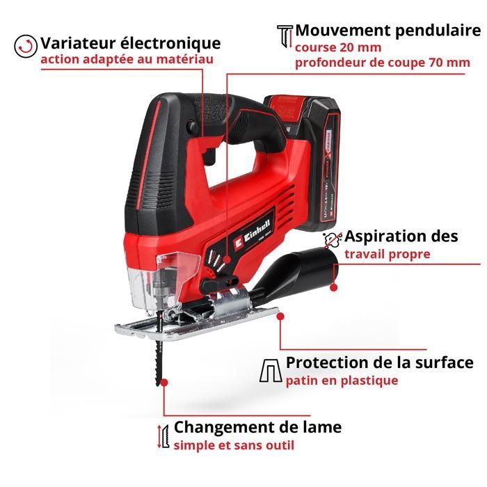 Einhell Scie sauteuse sans fil TC-JS 18/70 Li Kit PXC (18V, profondeur de coupe 70 mm) Livré avec Batterie 2,5Ah et Chargeur
