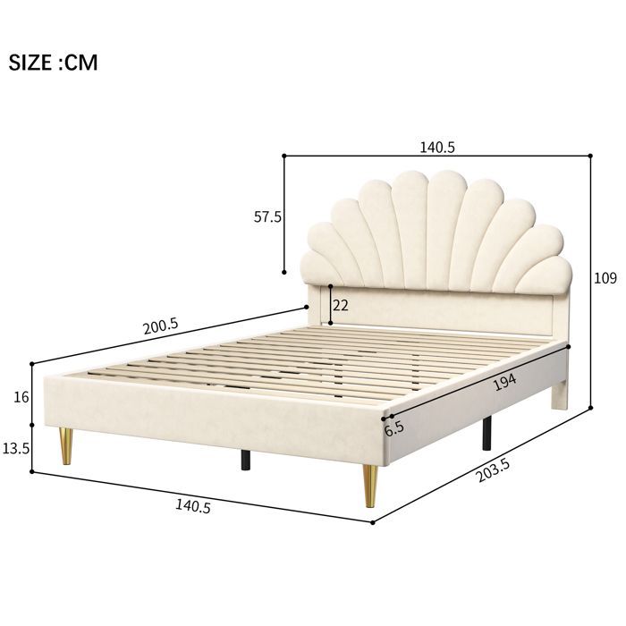 Lit 140x190 cm - COZY - Tête de lit en pétale - Velours beige - Lit enfant - 2 places
