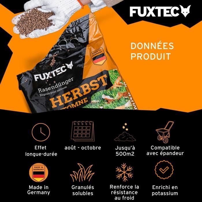 Engrais gazon automne FUXTEC FX-RDH10 potassium 2x sacs 5 kg pour 500 m2 granulés solubles fabrication allemande