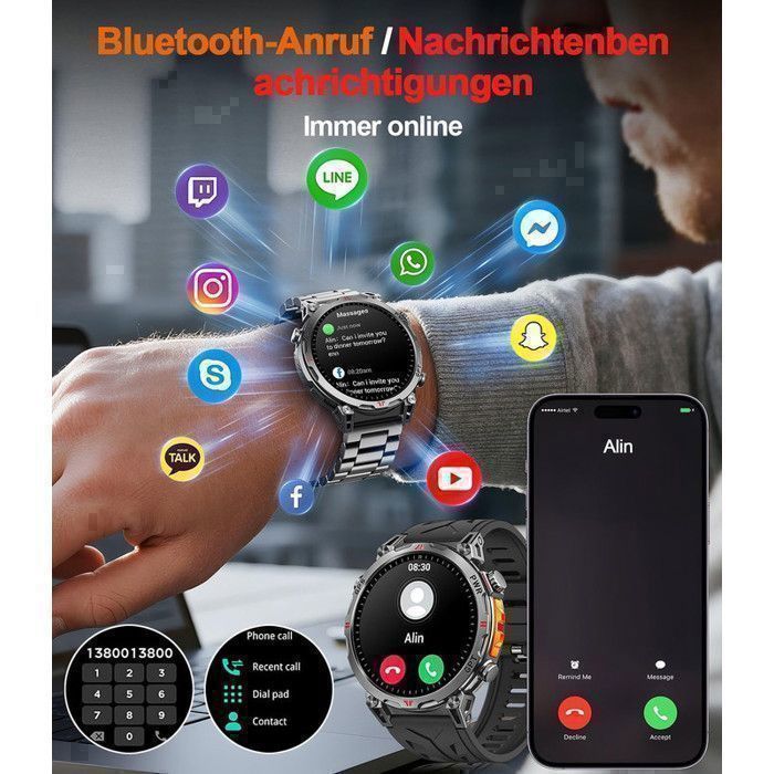 XtraDiTech Smartwatch mit GPS, Herzfrequenzmesser, Sport-Tracker, Kompass, Höhenmesser, barometrischer Anzeige, 1,56