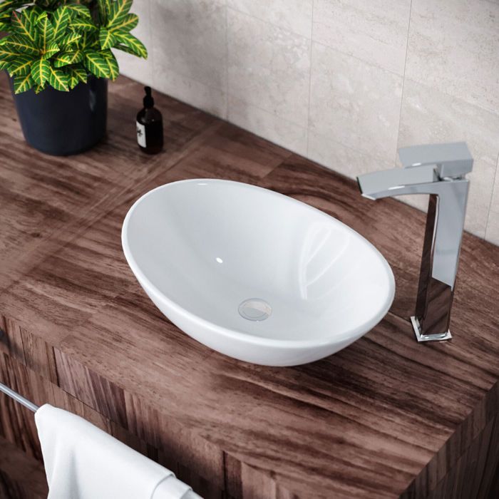 Lavabo ovalado moderno de cerámica, lavabo de baño, lavabo blanco, 410x340x150 mm