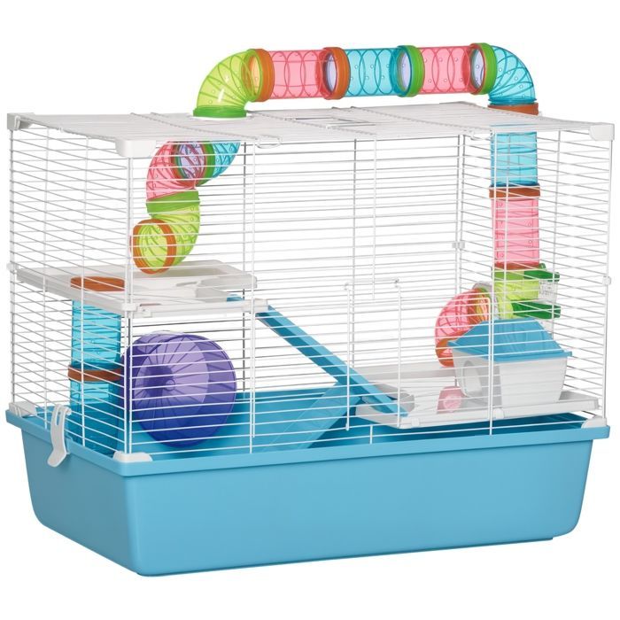 PawHut Hamsterkäfig – Nagerkäfig mit 3 Ebenen, Tunnel, Wasserflasche, Laufrad und kleinem Häuschen – Kunststoff – 59 x 36 x 47 cm