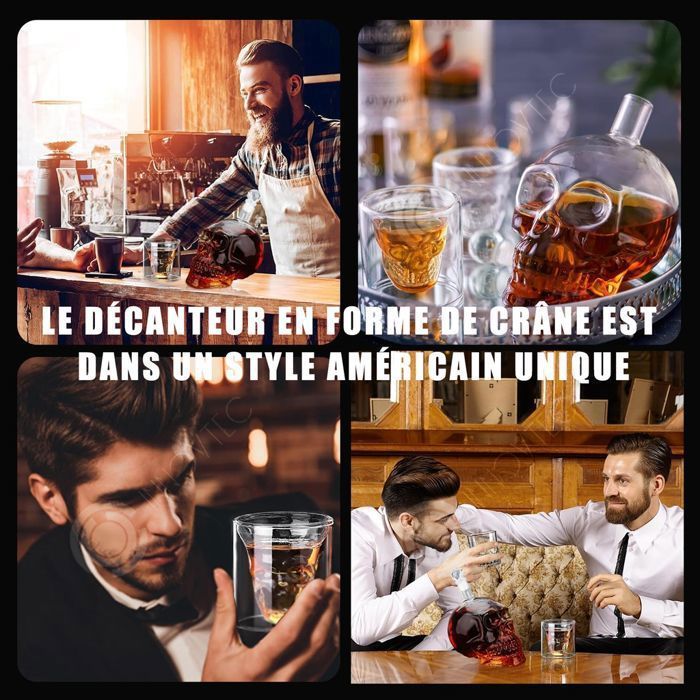 Decantador INN Skull de 700 ml y 6 vasos de whisky de 75 ml. Decantador de whisky y copa de vino para el Día de San Valentín y regalos para fiestas.