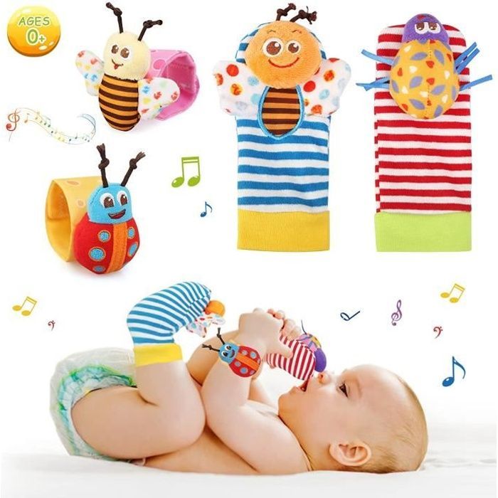 Set di 4 sonagli per neonati, giocattolo educativo per bambini da 0 a 12 mesi, con braccialetto e calzini.