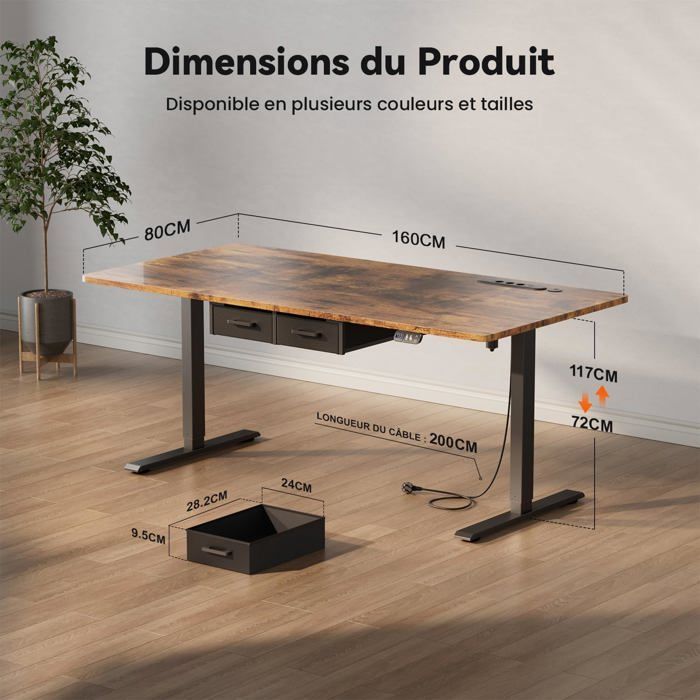 HLONONE Bureau Électrique Debout et Assis, 160 x 80 cm, avec Prise de Courant Intégrée, 2 Tiroirs Amovibles, Port USB-C, Marron