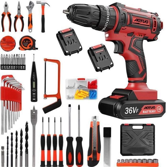 Trapano/avvitatore a batteria - MAGICFOX - 36V - Coppia 40 N·m - 2 velocità (0-400/0-1350 giri/min) - 2 batterie, 100 accessori