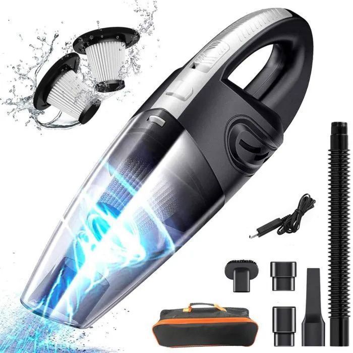 Aspiradora de mano inalámbrica recargable para coche de 120 W - Limpieza en seco y húmedo - 2 filtros HEPA - Con bolsa de almacenamiento - Negra