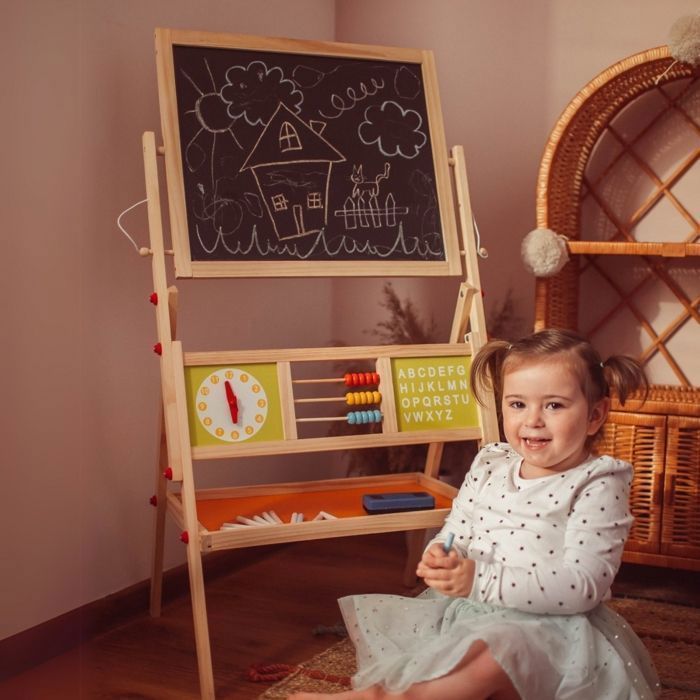 Șevalet din lemn pentru copii 98x45x42cm - 2 fețe - Alb magnetic și tablă - Șevalet pentru copii cu ceas, alfabet și