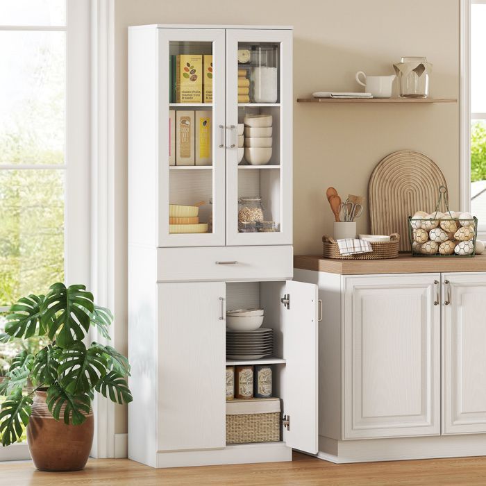 HOMCOM Küchen-Sideboard – 4 Türen (2 Glastüren), Schubladen, verstellbare Einlegeböden – Spanplatte – 60 x 35 x 180 cm – weiß