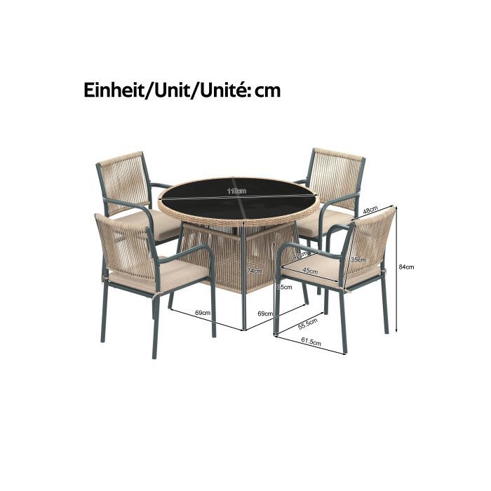 Conjunto de muebles de jardín de 5 piezas en resina tejida gris, mesa redonda de cristal templado y 4 sillones con cojines.