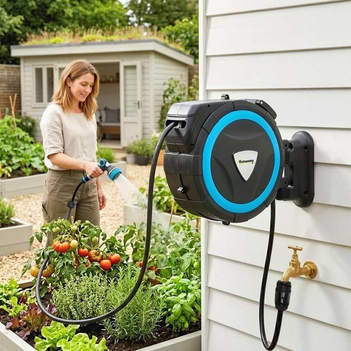 Wall-mounted garden hose reel - Outsunny - 12 spray patterns, 180° swivel - plastic - 49x15x37cm - blue