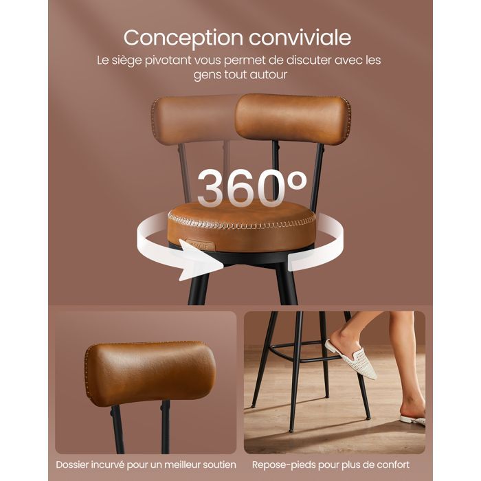 Bar Stool - VASAGLE - Upholstered Seat - Mid-Century Modern Style - Caramel Brown